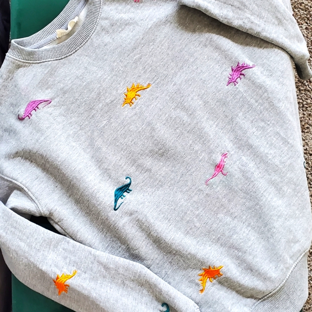 Gray Embroidered Dino Crewneck Sweatshirt - Women